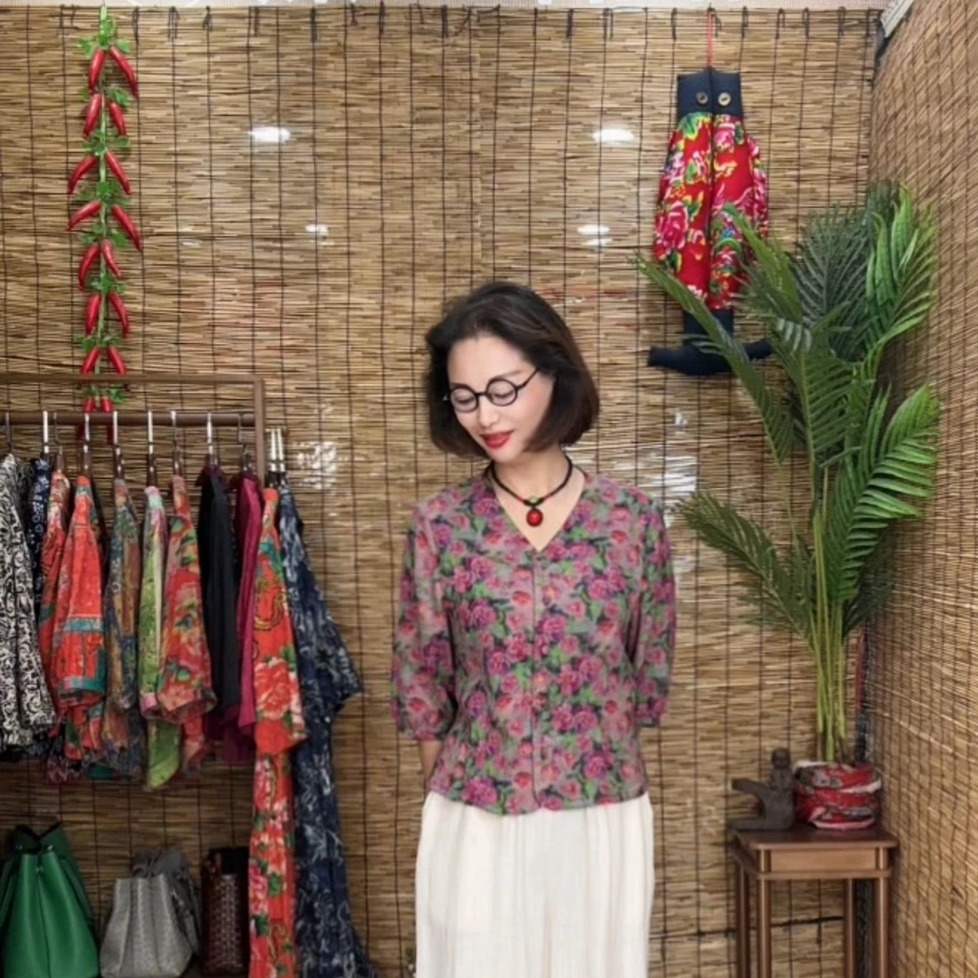 【牡丹园】印花提花棉开襟分袖夏季V领休闲上衣时尚妈妈装2530-1