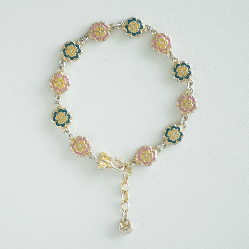 银9999描金珐琅彩四叶草手链国风新中式轻奢宝相花小众饰品时尚