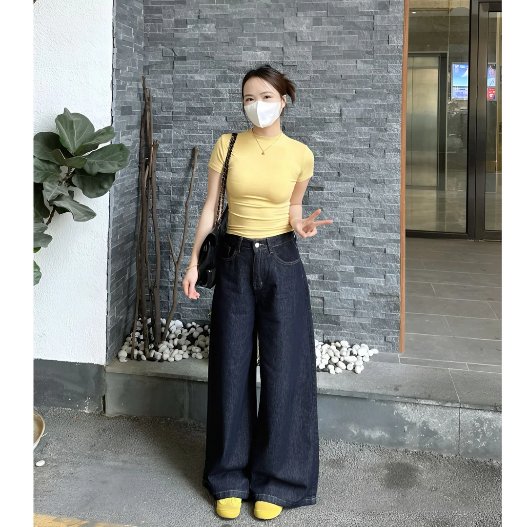 丹宁蓝高腰阔腿宽松显瘦拖地裤秋季牛仔裤女2025直筒休闲百搭