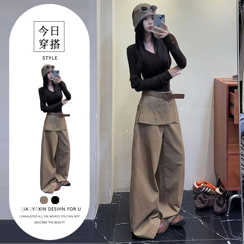 秋装搭配一整套复古韩系穿搭针织打底衫假两件微喇工装裤两件套女