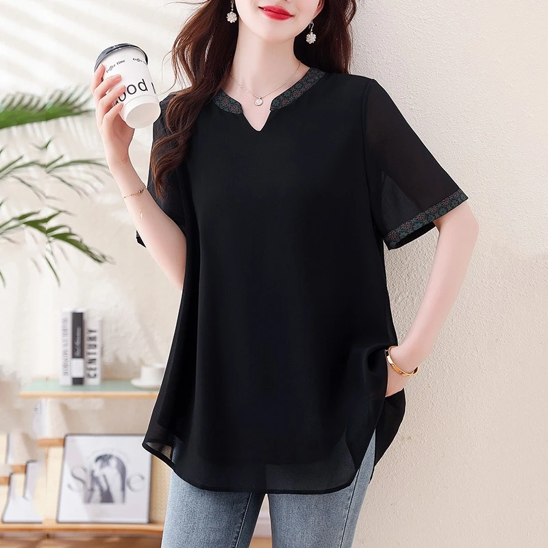 大码轻奢复古黑色减龄显瘦上衣夏季时尚洋气雪纺短袖女士时尚夏装