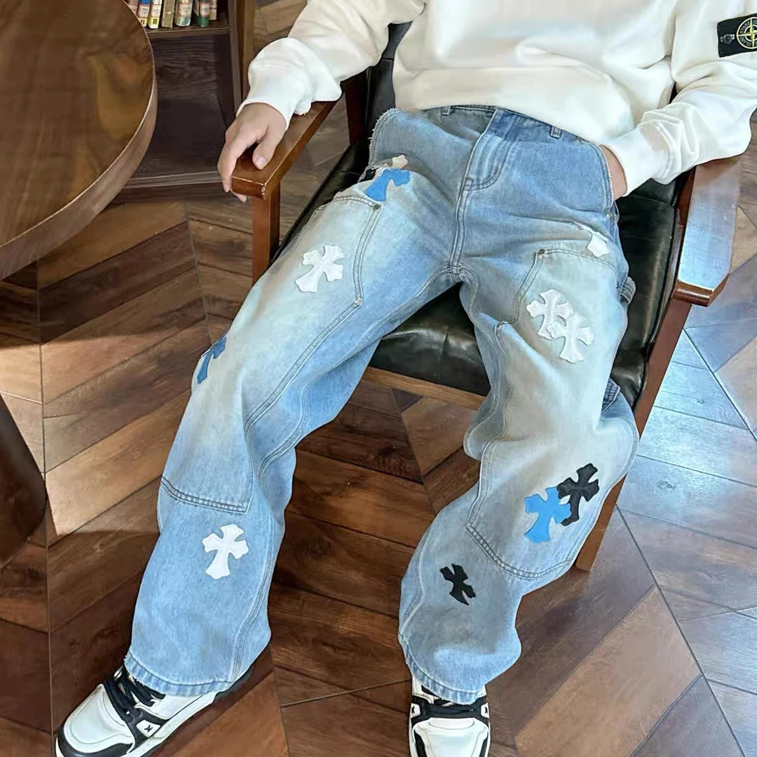 克罗心25新款绣皮十字架水洗做旧宽松牛仔长裤
