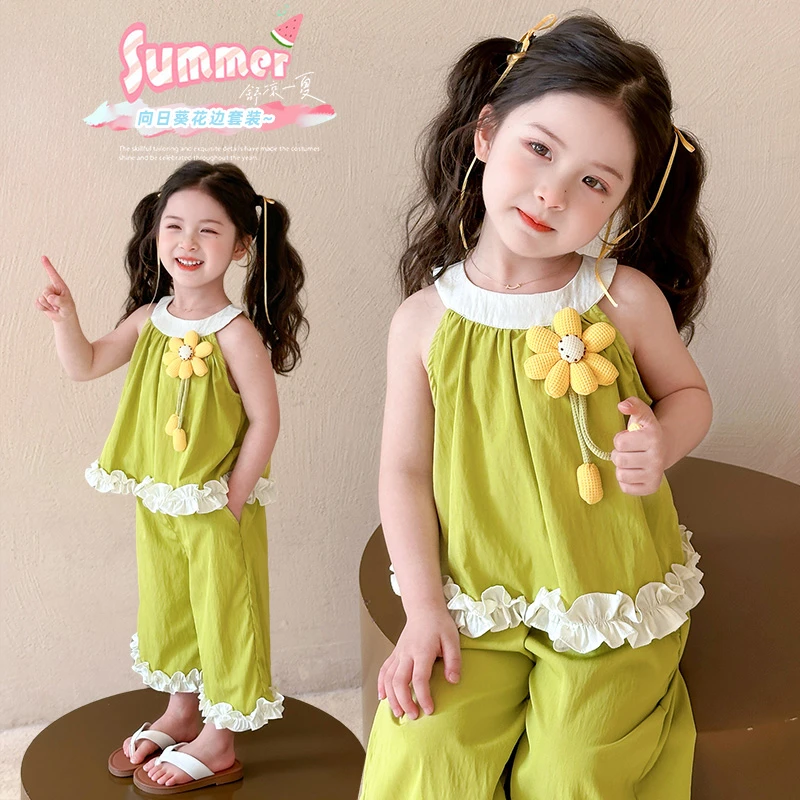 女童套装夏季2025新款背心体恤上衣阔腿裤小童韩系夏装儿童两件套