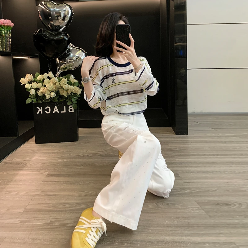早秋条纹长袖针织衫时尚套装破洞白色气质高腰休闲牛仔裤两件套女