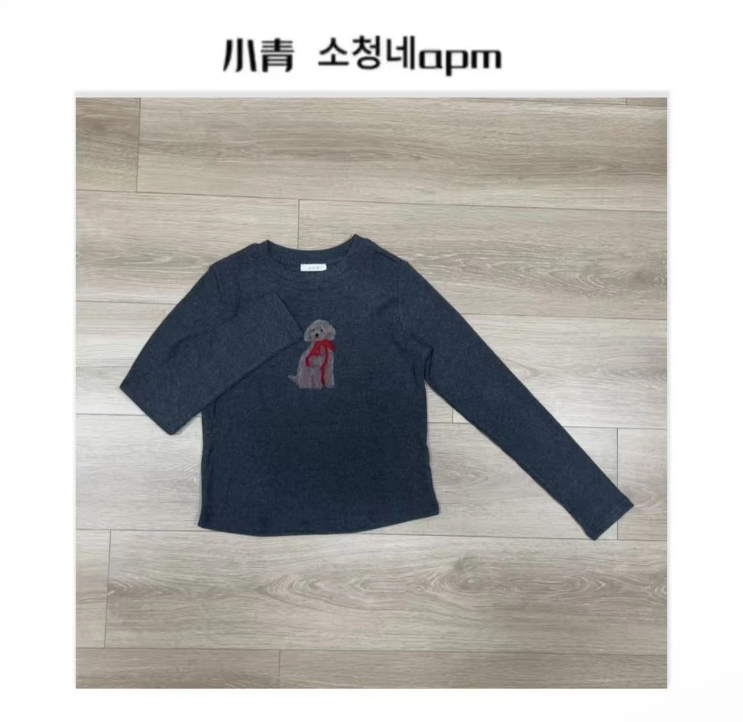 韩版红绳小狗休闲风绒衫长袖套头T恤