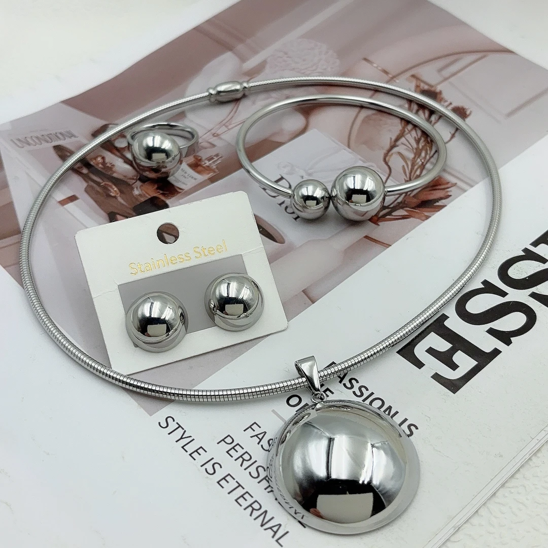 钛钢项链 钛钢四件套502-2-3时尚百搭爆款精致首饰白色气质手工美