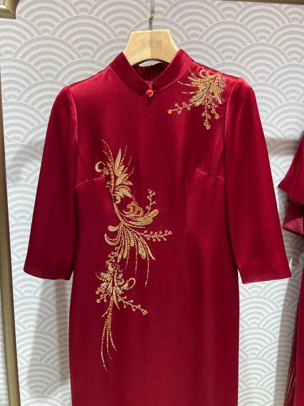 朱紫褕17202酒红色7分袖旗袍妈妈婚宴礼服秋季喜服喜婆婆喜妈妈