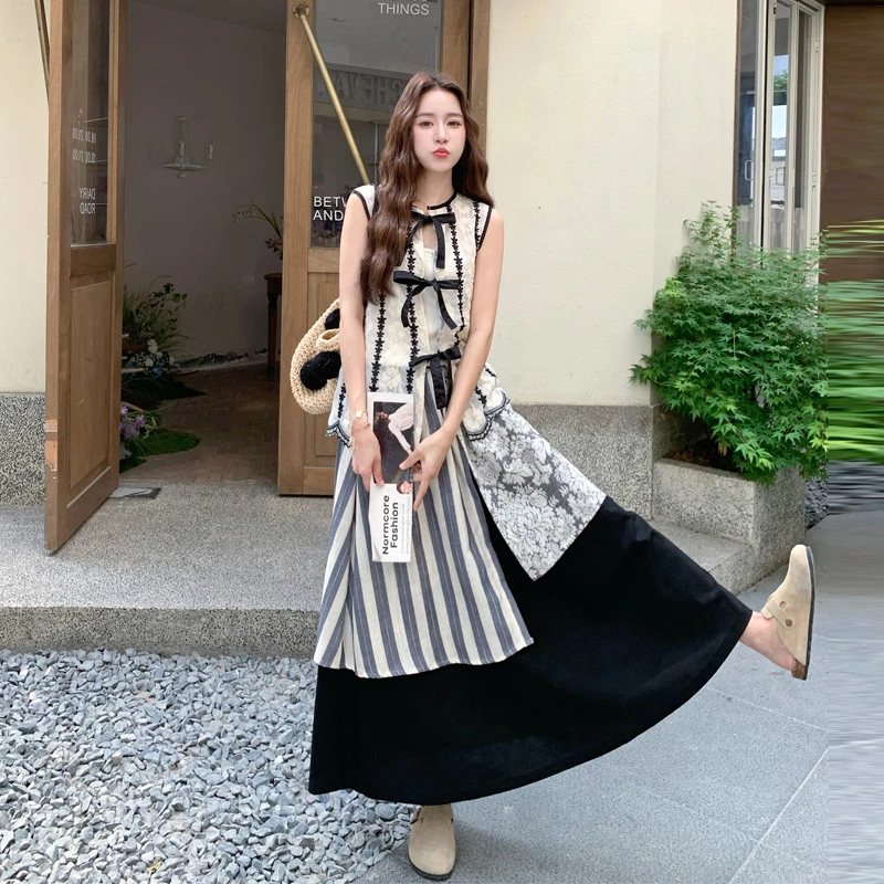 法式复古氛围感系带马甲吊带半身裙2025夏季新款松弛感设计感套装