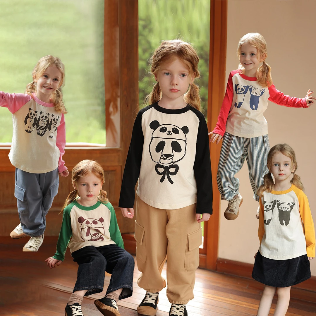 允儿妈女童【日系】可爱又百搭插肩袖熊猫卡通长袖T恤