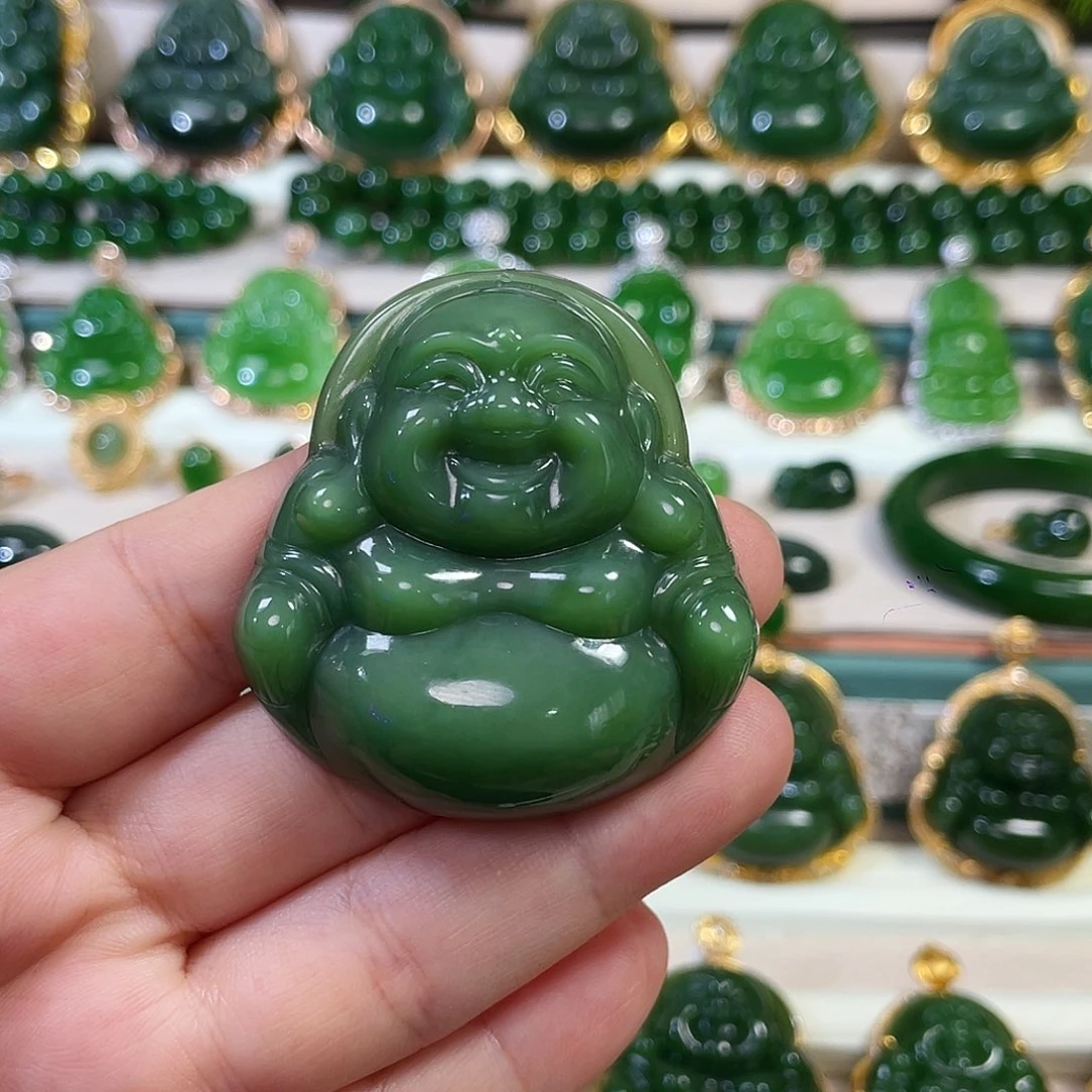 和田玉（碧玉）未镶嵌颈饰粉绿佛公49.5mm