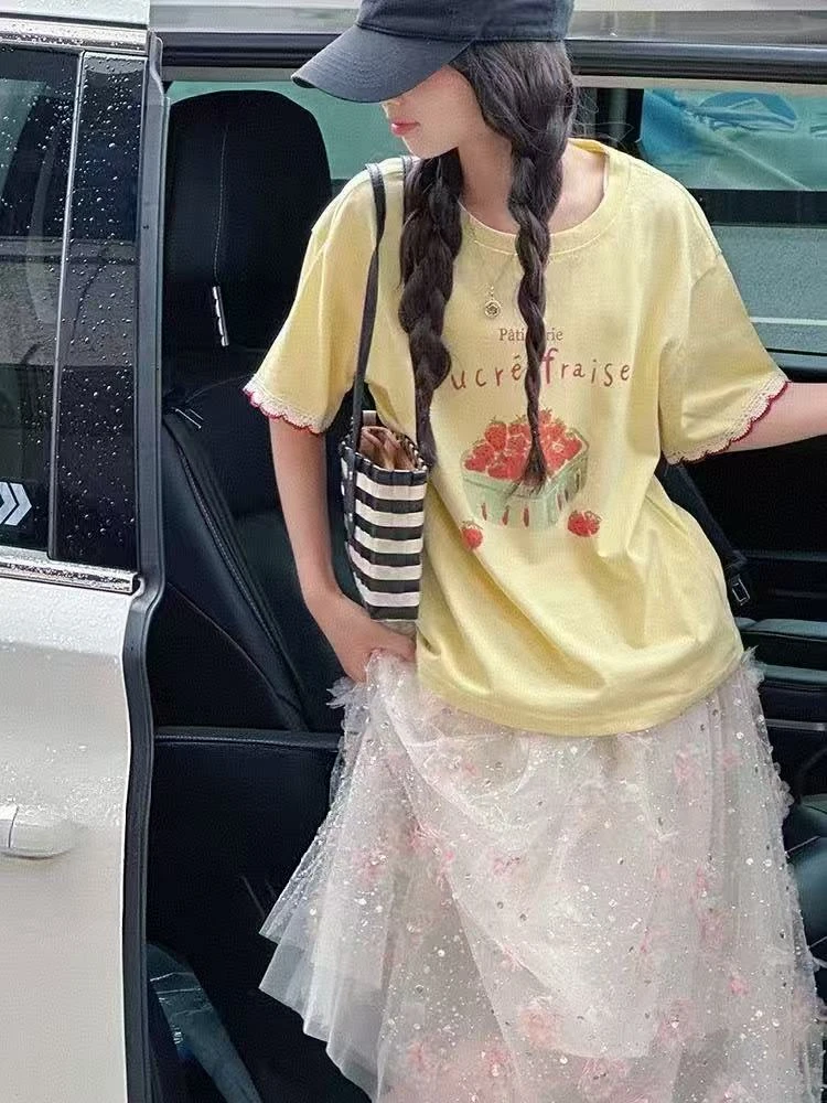 不退不换 韩系花边女童短袖T恤