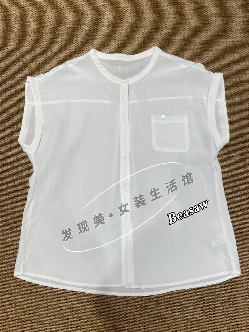 夏季新款宽松百搭圆领短袖衬衫复古文艺设计感纯色衬衣女