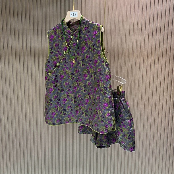 【秀丽】新中式立体花纹短裤两件套夏季新款