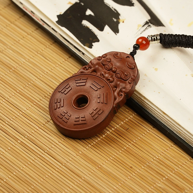 天然雷击老枣木八卦平安扣吊坠枣木九字真言挂件纯手工雕刻