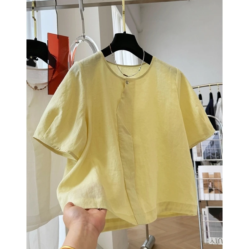 高端时尚短袖圆领小衫女夏季超好看短款上衣独特漂亮圆领法式衬衫