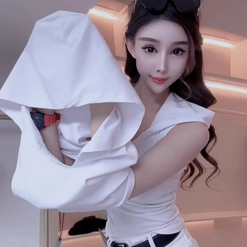 纯欲气质V领连帽无袖背心T恤女装夏季新款修身显瘦高级感短款上衣