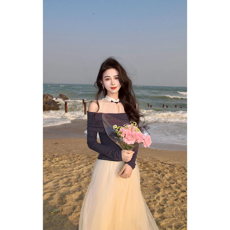 【因蓝粒子】春季新款气质显瘦新中式盘扣露肩长袖套装LL9471