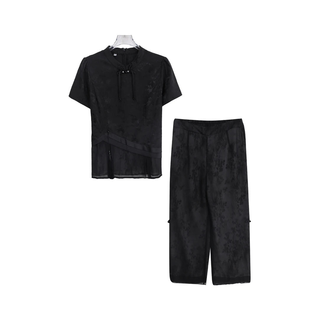 高级缎面暗纹新中式上衣减龄休闲裤套装A14679