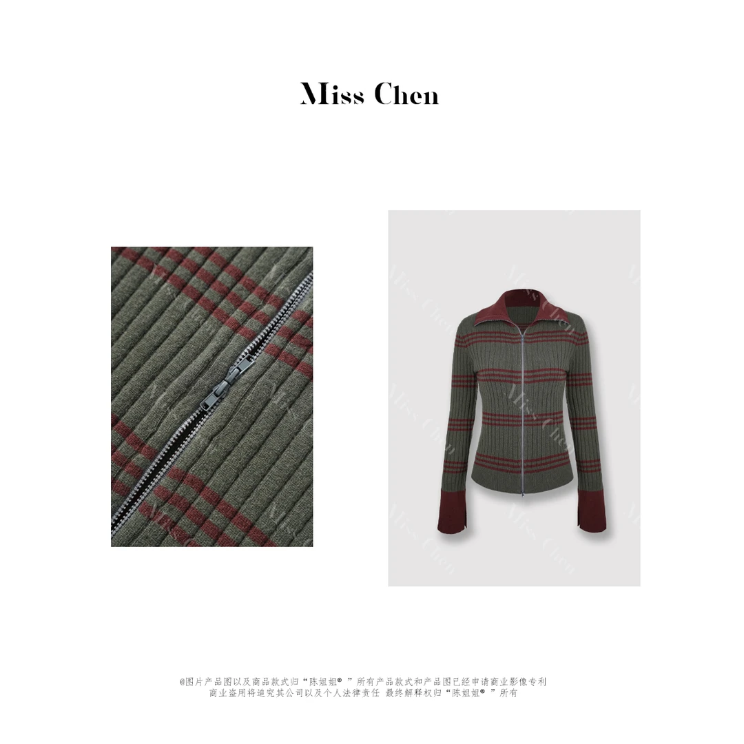 Miss Chen「专柜定制高货」复古条纹polo领翻领双拉链绵羊毛衫