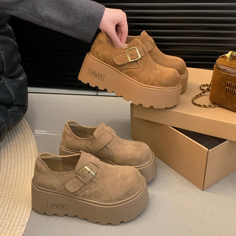 7公分勃肯时尚复古厚底鞋女2025新款春秋百搭小个子增高乐福单鞋