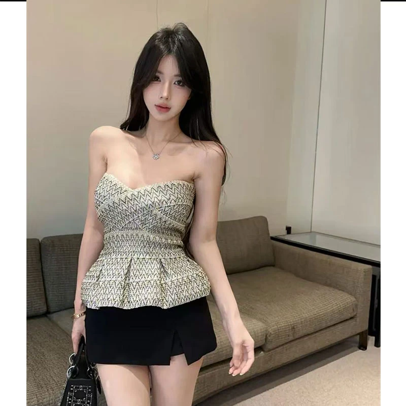 2025夏季新款辣妹金色弹力绷带抹胸混色背心上衣休闲百搭裙裤套装