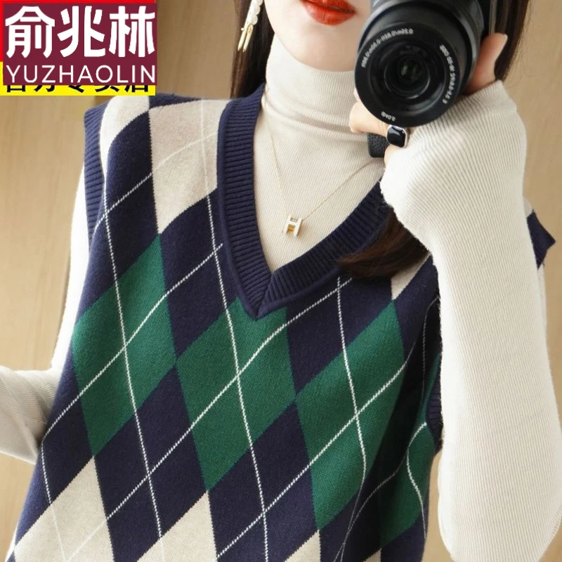 羊毛马甲V领针织背心女秋装宽松外穿无袖上衣加厚外搭坎肩