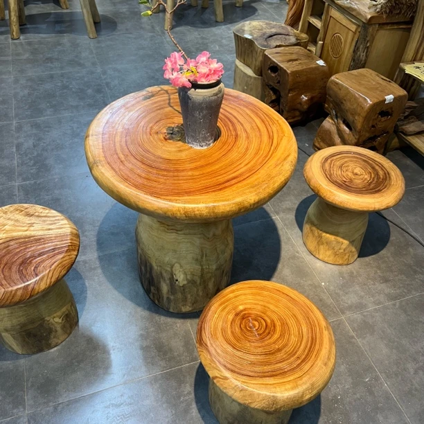 香樟木艺术茶台凉亭桌，餐厅，阳台小蘑菇桌（五件套）