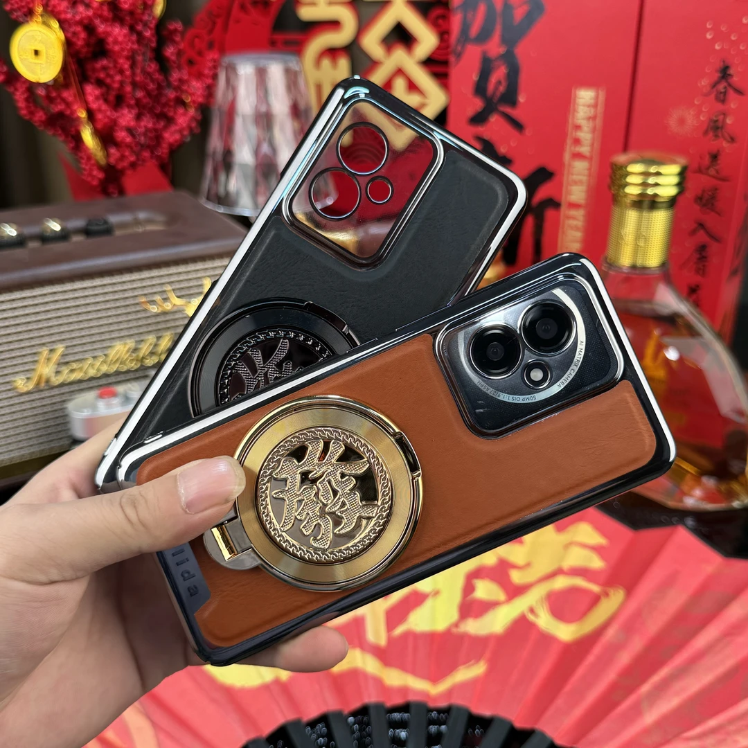 适用于荣耀100【解压陀螺+發字支架】电镀纳帕皮纹防摔全包