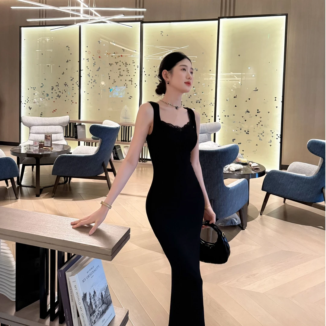 纯色显瘦性感弹力吊带连衣裙女御姐风纯欲蕾丝女神显身材打底长裙