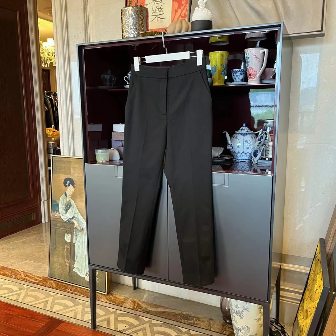 漫颜刘2024秋季新品莫代尔混纺黑色西装裤中腰直筒纯色休闲长裤