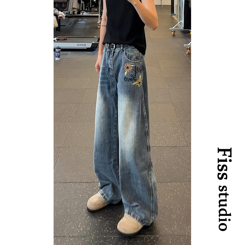 夏季款美式复古趣味刺绣宽松阔腿做旧水洗牛仔裤男女同款大码直筒