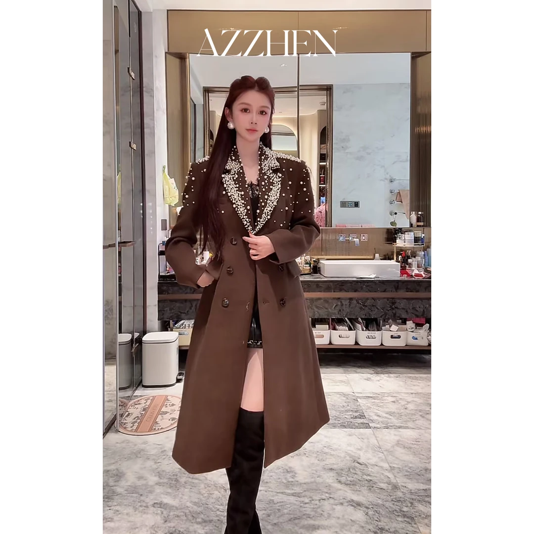AZZHEN【栗钻夜宴】重工钉珠珍珠双排扣西装领风衣外套AZ6MSW15-SW