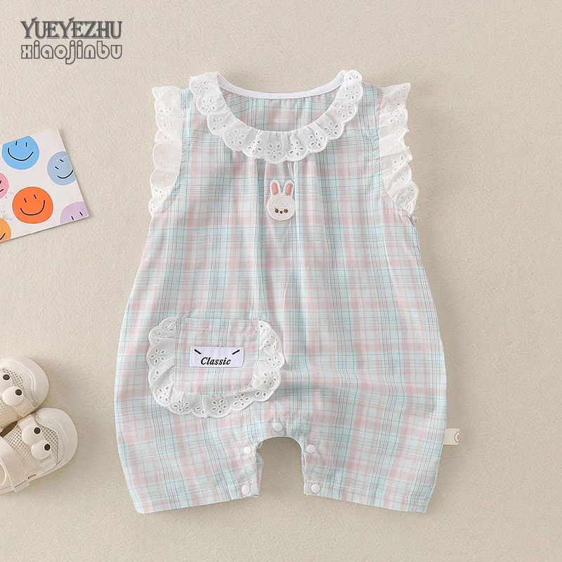 女宝宝衣服夏季婴儿夏装短袖连体衣韩版格子洋气哈衣爬服外出一岁