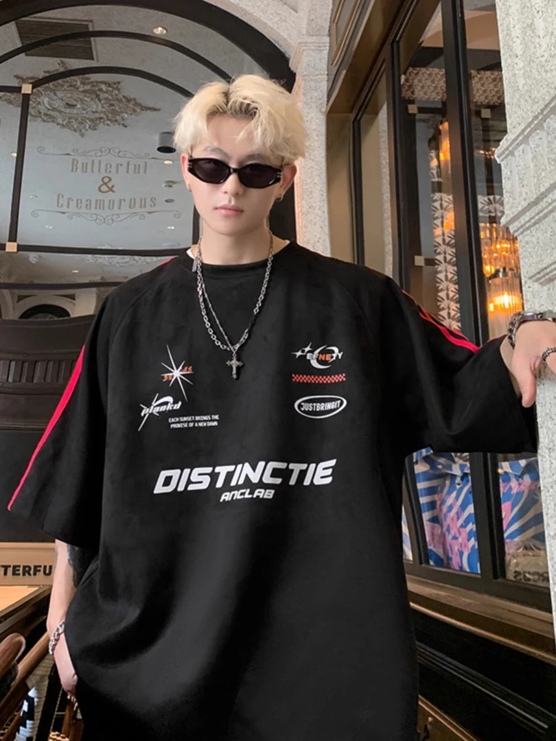 加大码300斤美式潮牌机车风三条杠短袖t恤男女夏季宽松显瘦情侣装