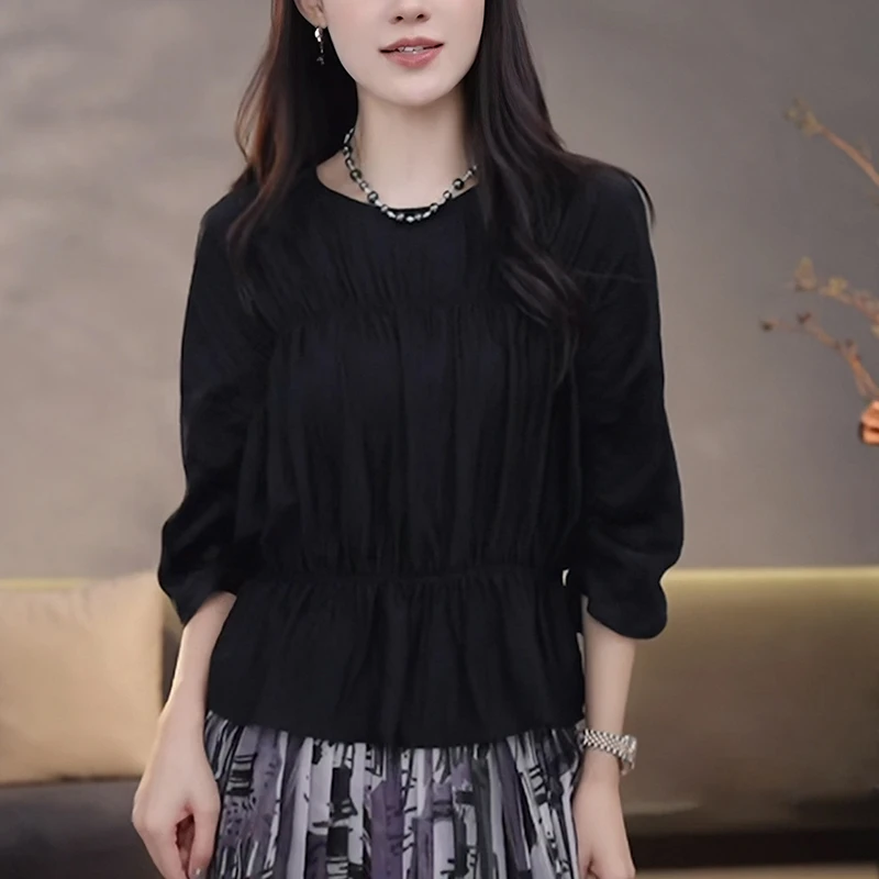 女士黑色褶皱衬衫2025夏季洋气减龄休闲显瘦设计感蝙蝠袖短袖上衣