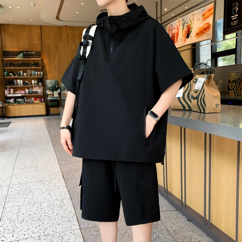 美式泡泡纱高级感休闲运动套装男夏季连帽短袖短裤时尚跑步两件套