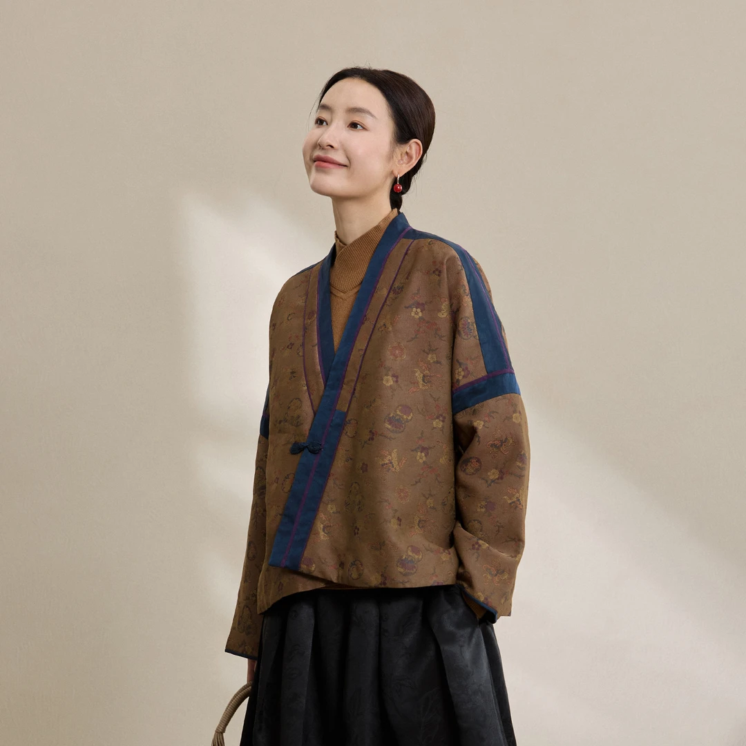 【永嘉】吉祥羽儿原创33MM真丝宋锦香云纱古典交襟短款夹棉外套冬