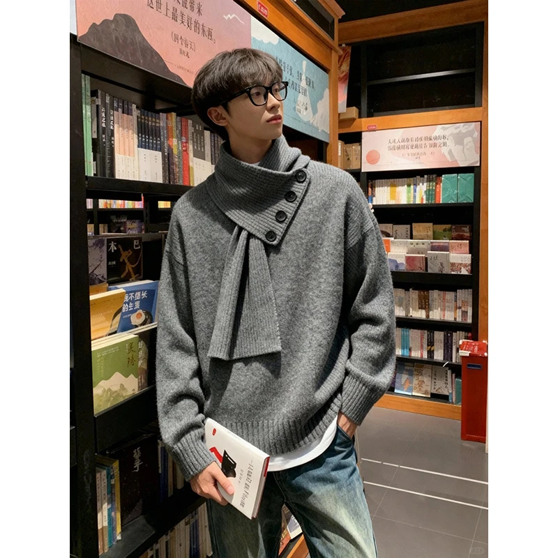 可脱卸围巾设计慵懒风毛衣男款秋冬季美式cleanfit穿搭针织衫上衣