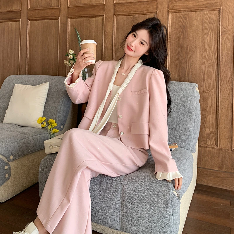 粉色小香风西装套装女开春2025新款温柔风气质高级感阔腿裤两件套