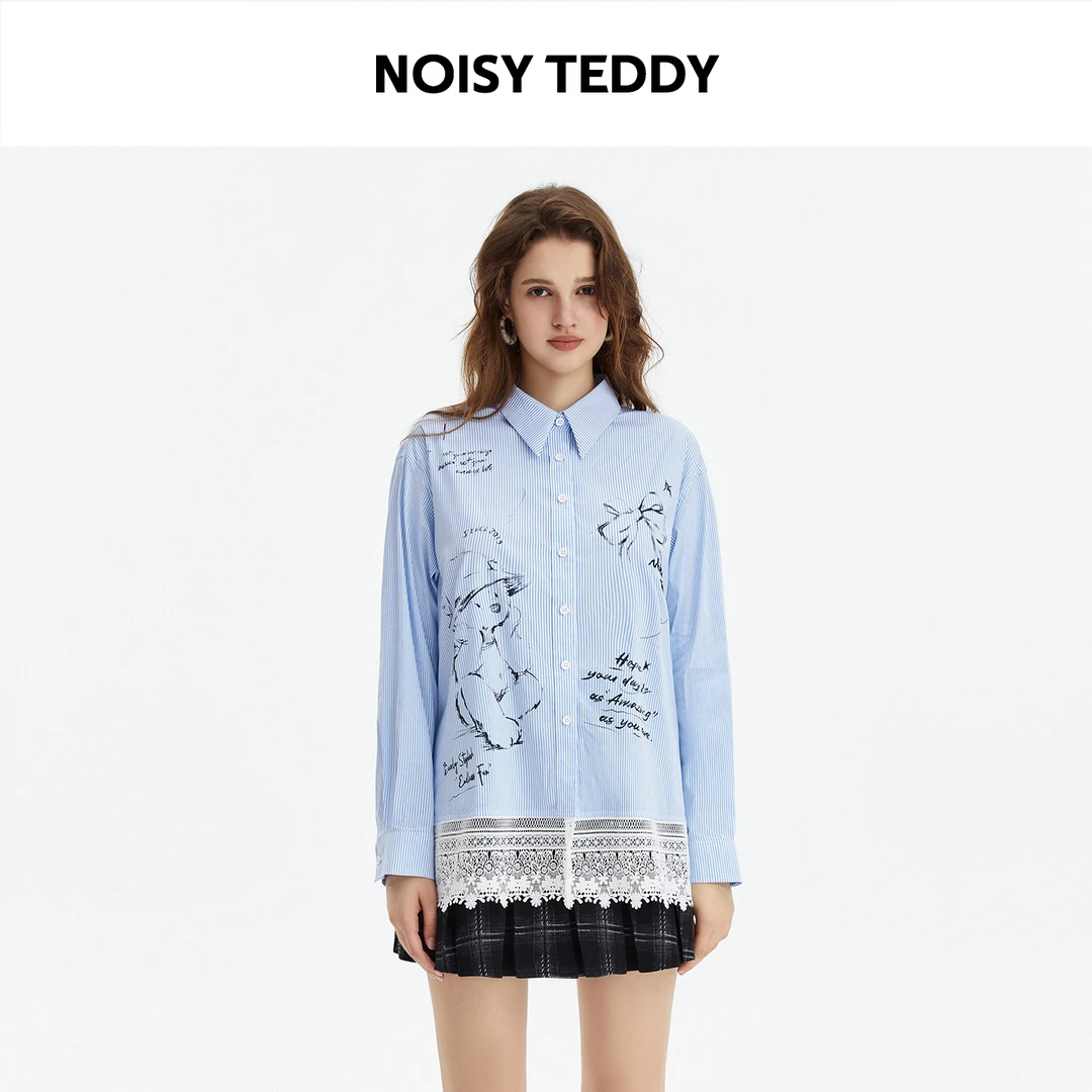 NOISY TEDDY设计款小熊手绘涂鸦印花长袖衬衫蕾丝拼接竖条纹衬衣