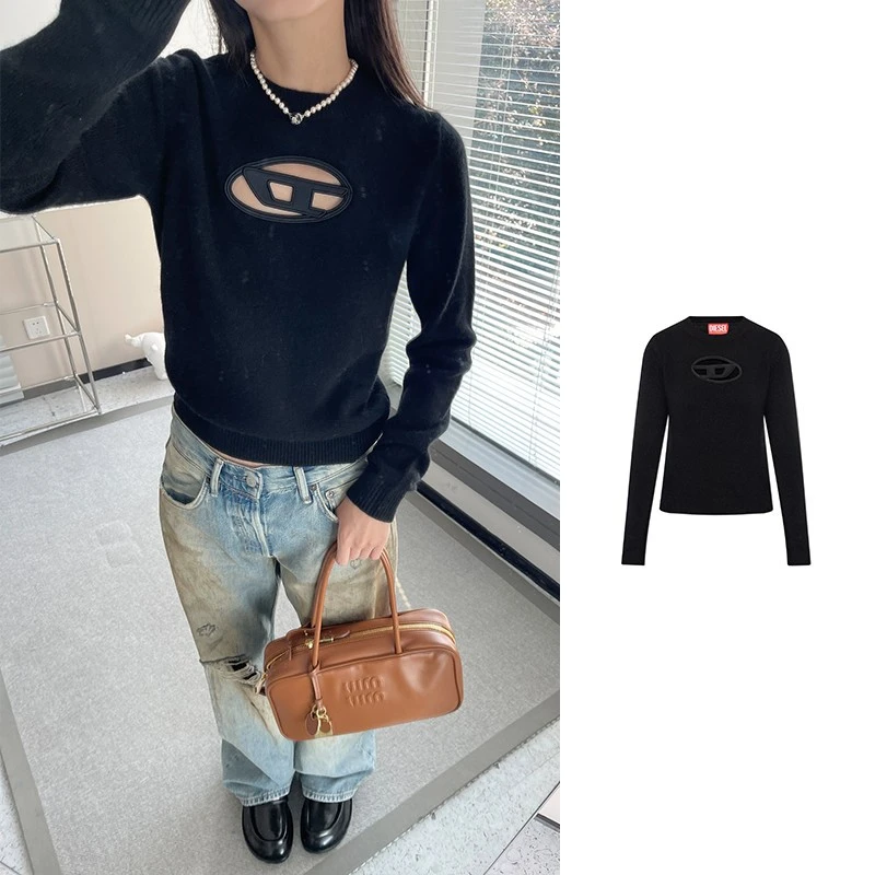 未使用 Diesel 黑色镂空D LOGO羊毛羊绒针织上衣 M-AREESA