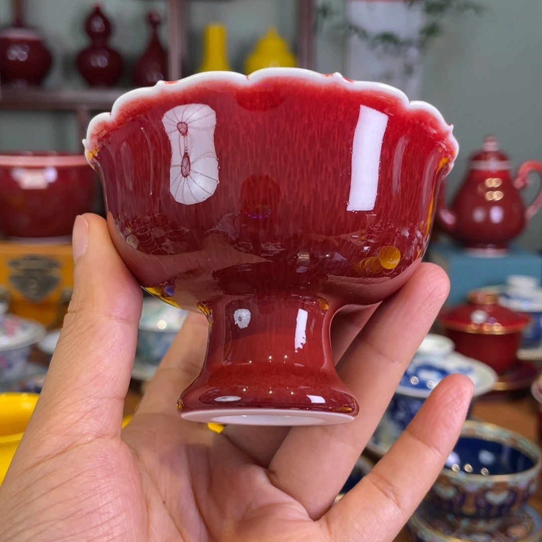 清欢雅玩原矿郎红花口高脚杯