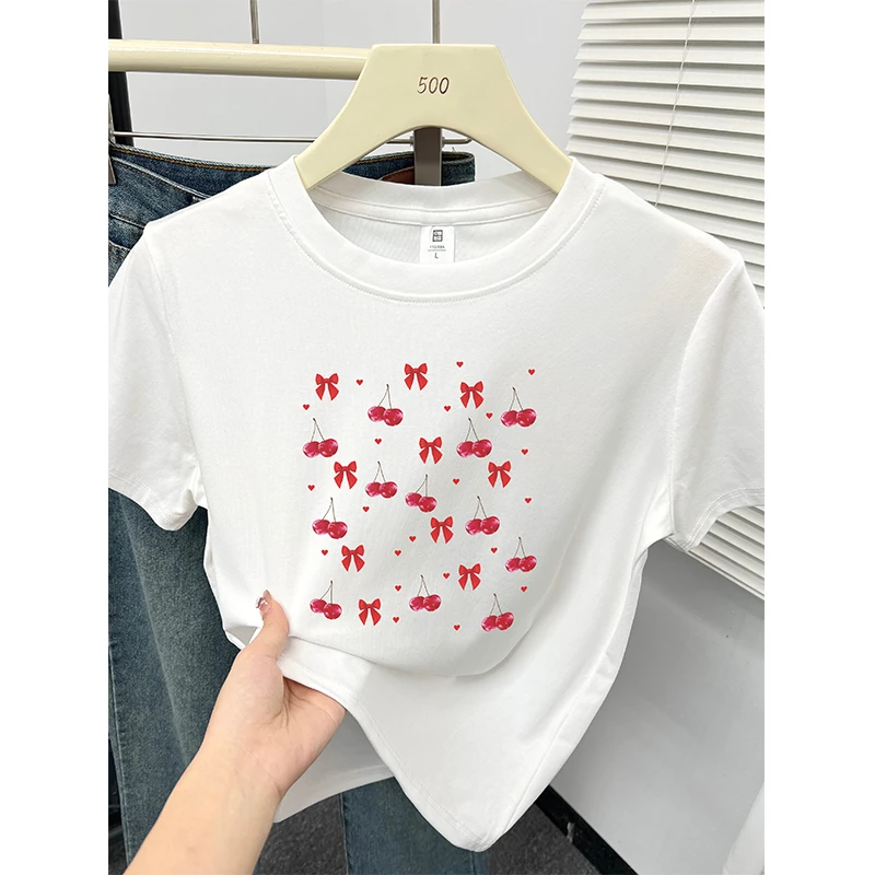 韩版减龄设计感印花短袖t恤女正肩圆领上衣新款洋气百搭打底衫