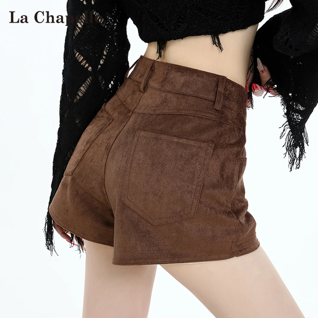 拉夏贝尔咖色鹿皮绒阔腿短裤女秋新款美拉德高腰显瘦a字辣妹靴裤