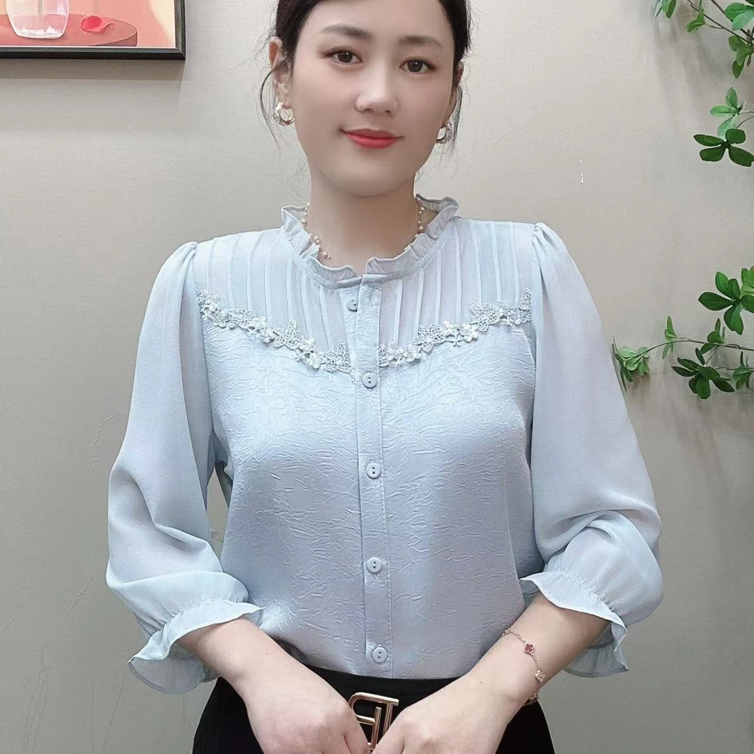 七分袖时尚百搭春夏显瘦蕾丝拼接缎面衬衫小众高级感小衫