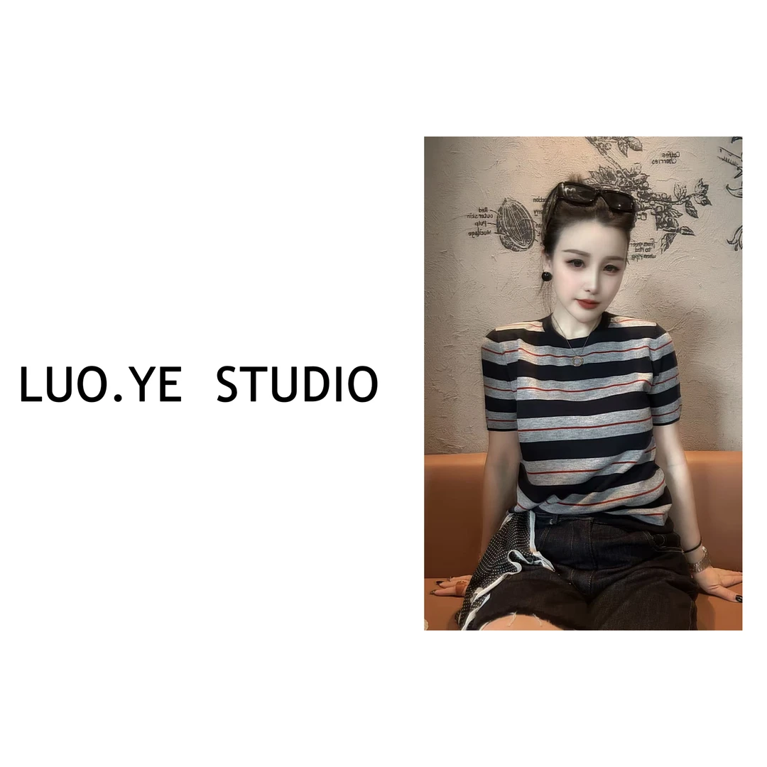 罗爷 ·【秋日絮语】条纹细羊毛衫上衣短袖T恤欧货百搭休闲时尚气质