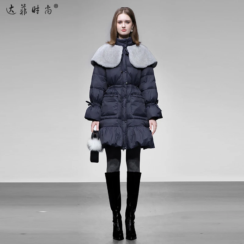 2025年冬季新款可取毛毛领灯笼袖收腰A字荷叶边羽绒服外套HC36031