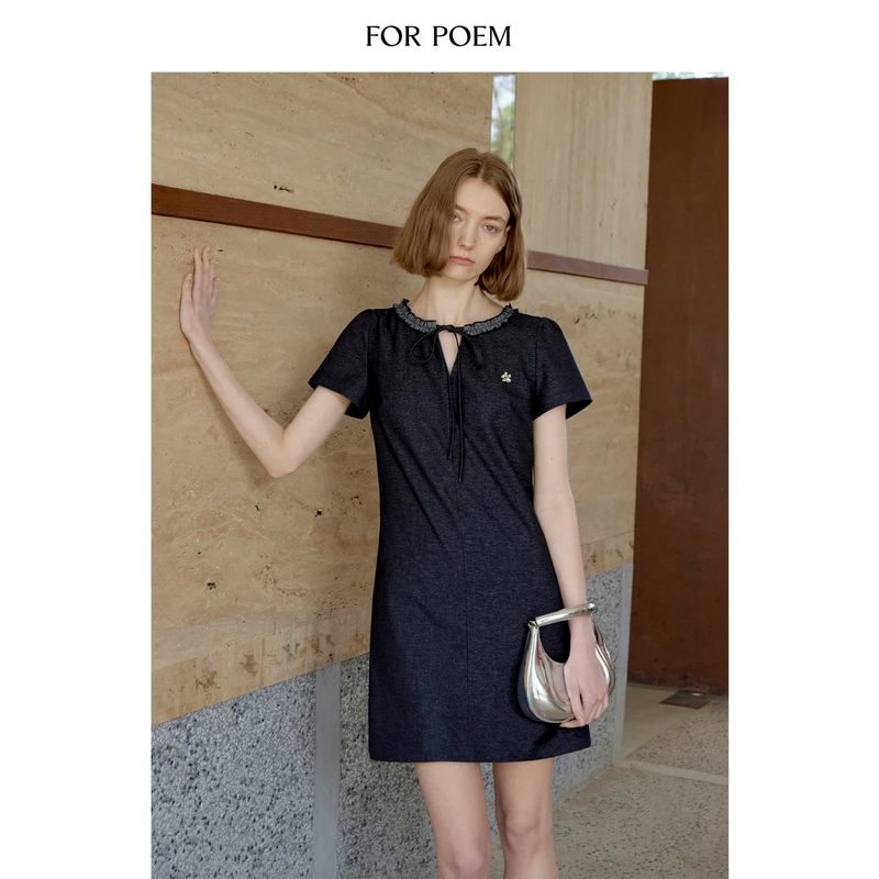 ForPoem 25/SS 原创设计牛仔肌理收腰显瘦花边绑带无袖短袖连衣裙