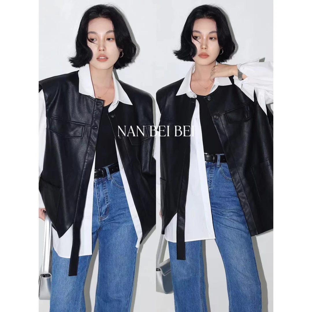 【现货】复古pu皮马甲女款春款设计感无袖垫肩马夹上衣7265