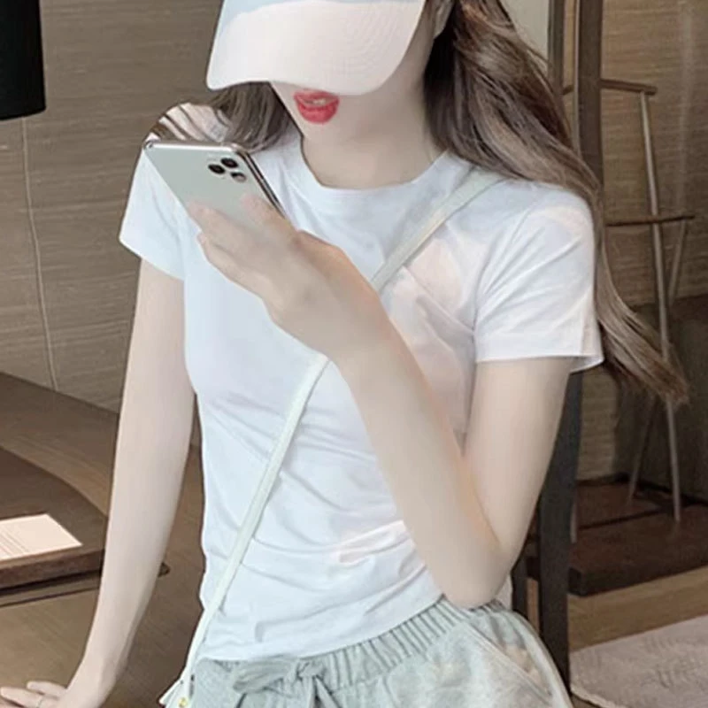 正肩短袖t恤女2025夏季新款简约小个子白色修身显瘦短款上衣